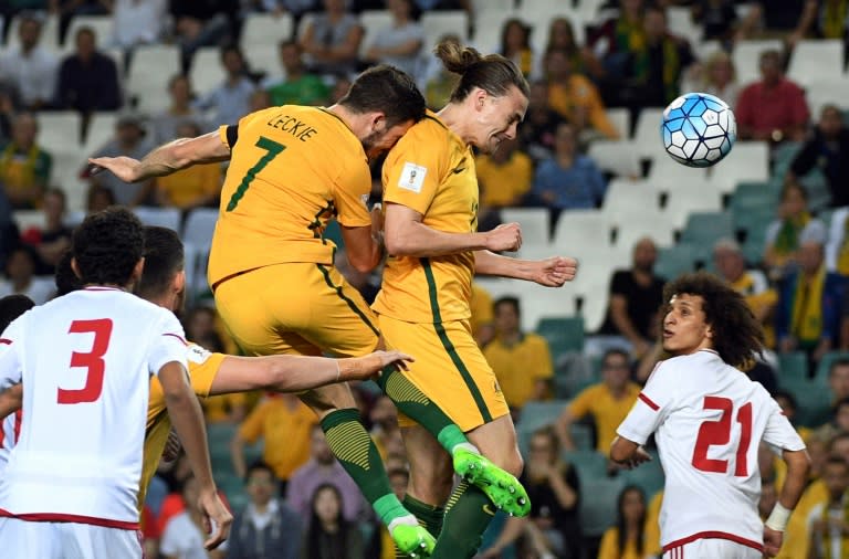 Australia's Jackson Irvine (2nd right) scores with a header against the United Arab Emirates during a World Cup qualifier in Sydney on March 28, 2017