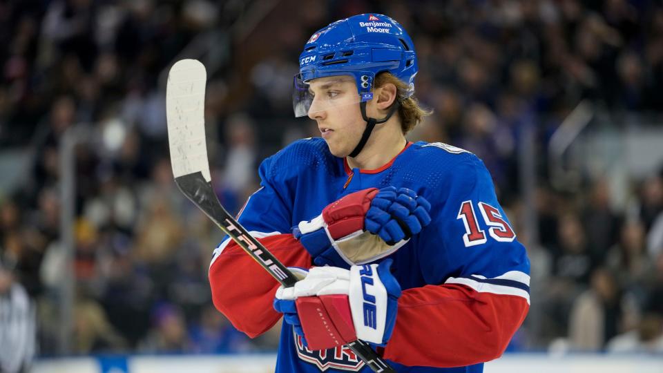 New York Rangers center Jake Leschyshyn during in action during a Jan. 27, 2023 game against the Vegas Golden Knights.