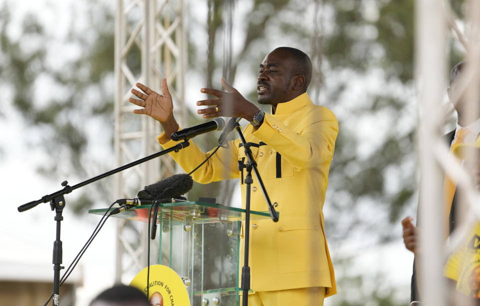 Leader of the opposition CCC party Nelson Chamisa addresses supporters at the party's launch rally in Harare, Zimbabwe, Sunday, Feb 20, 2022. Chamisa has attracted considerable attention and followers. In response, police in Harare and other cities have been banning the party's meetings, as well as gatherings of civic organizations and church groups perceived as critical of the government. (AP Photo/Tsvangirayi Mukwazhi) (AP Photo/Tsvangirayi Mukwazhi)