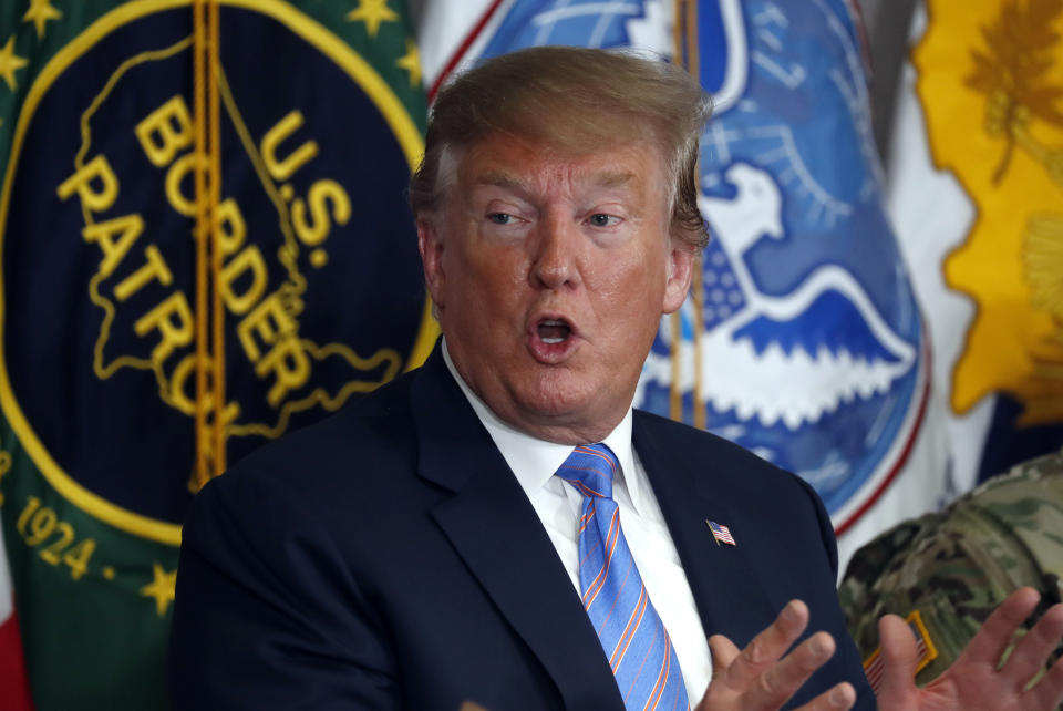 President Donald Trump participates in a roundtable on immigration and border security at the U.S. Border Patrol Calexico Station in Calexico, Calif., Friday April 5, 2019. Trump headed to the border with Mexico to make a renewed push for border security as a central campaign issue for his 2020 re-election. (AP Photo/Jacquelyn Martin)