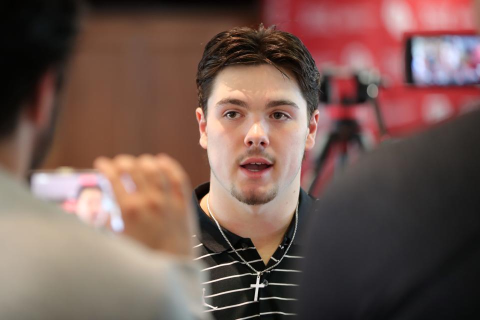 Oklahoma quarterback Jackson Arnold speaks to media during a press conference in Norman, Okla., Thursday, Feb. 16, 2023. 