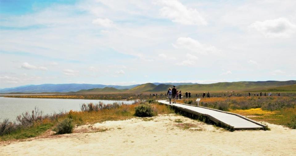 Visitors enjoy a full Soda Lake at the Carrizo Plain National Monument on April 8, 2023. Under the Central Coast Heritage Protection Act, this area would be designated as wilderness, giving it a higher level of federal protection from development. Mackenzie Shuman/mshuman@thetribunenews.com