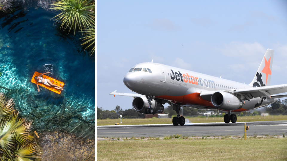 A composite image of a woman relaxing in a NT waterway and a Jetstar plane.