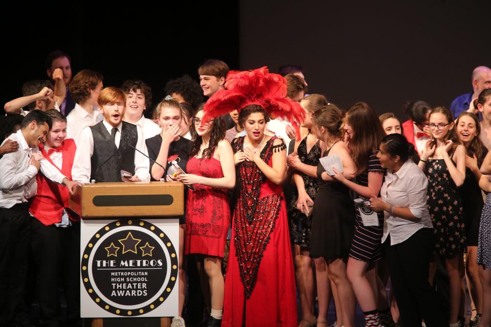 The company of Sleepy Hollow High School's production of "Hello, Dolly!" celebrates their win for outstanding overall production at the 21st annual Metro Awards at Purchase College on June 10, 2019. The Metros are returning from a pandemic pause, with a ceremony at Tarrytown Music Hall on June 12, 2023.