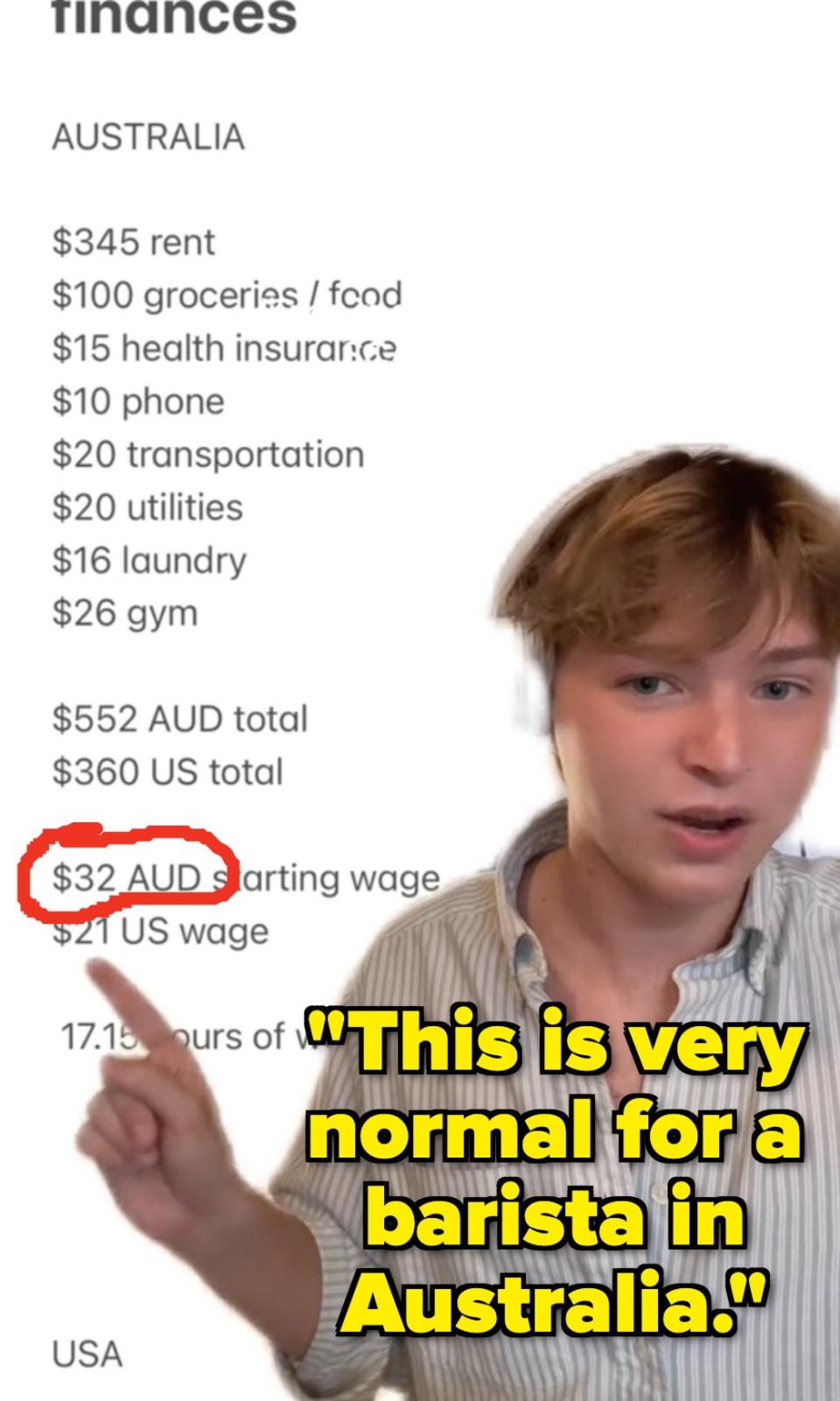 Person comparing cost of living and wages between Australia and the USA, gesturing towards list of expenses
