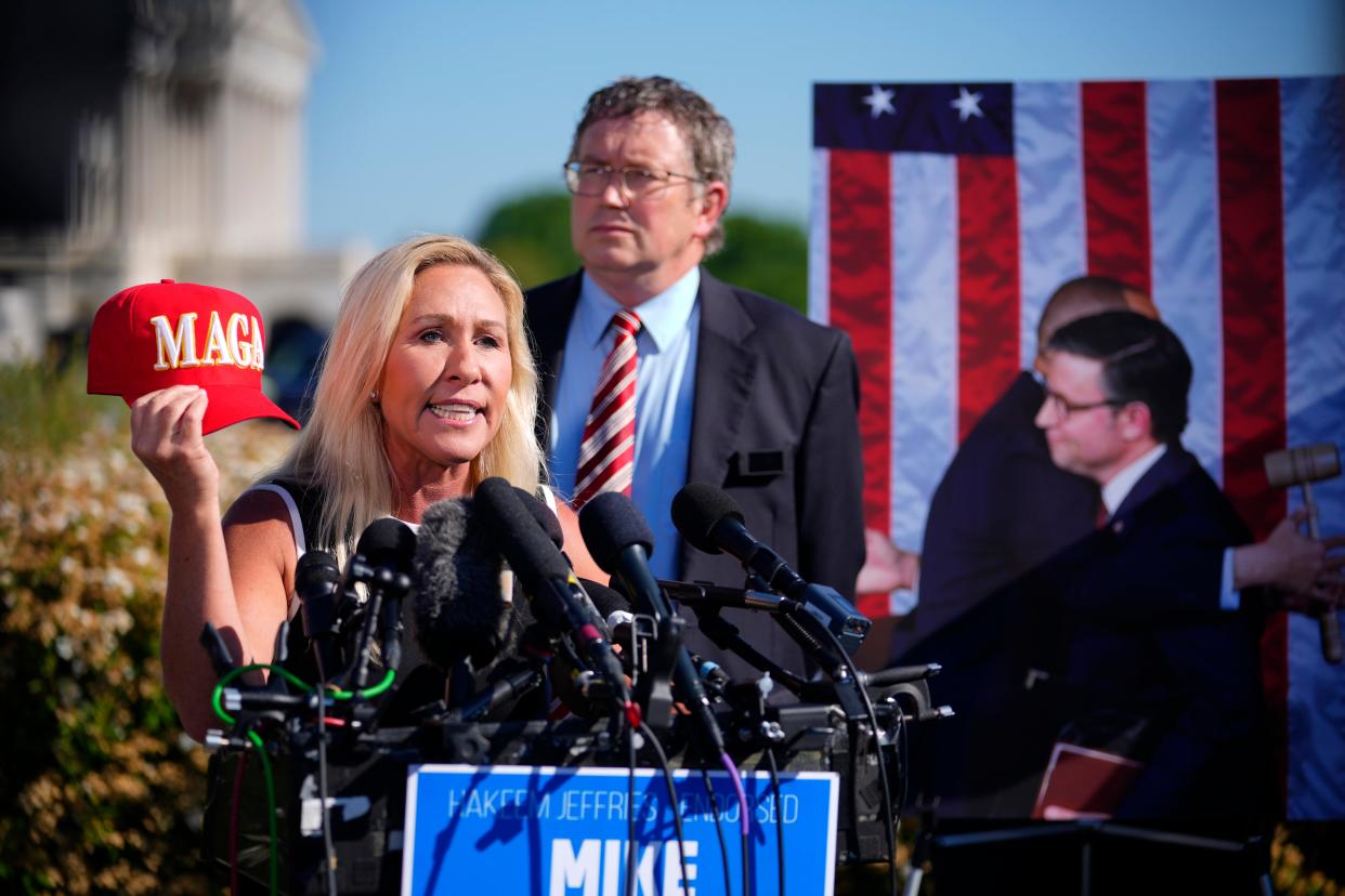 Marjorie Taylor Greene, R-Ga., and Thomas Massie, R-Ky., hold a press conference outside the US Capitol on potential motion to vacate against Speaker of the House Mike Johnson.