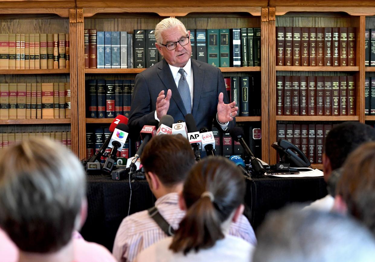 Kathryn Mayorga's attorney, Leslie Mark Stovall, speaks to reporters on Oct. 3, 2018, in Las Vegas. (Photo: MARK RALSTON via Getty Images)