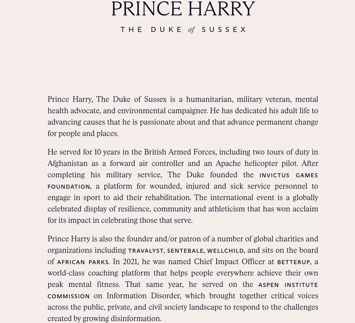 Harry is summarised as a ‘humanitarian, military veteran, mental health advocate, and environmental campaigner’ (sussex.com)