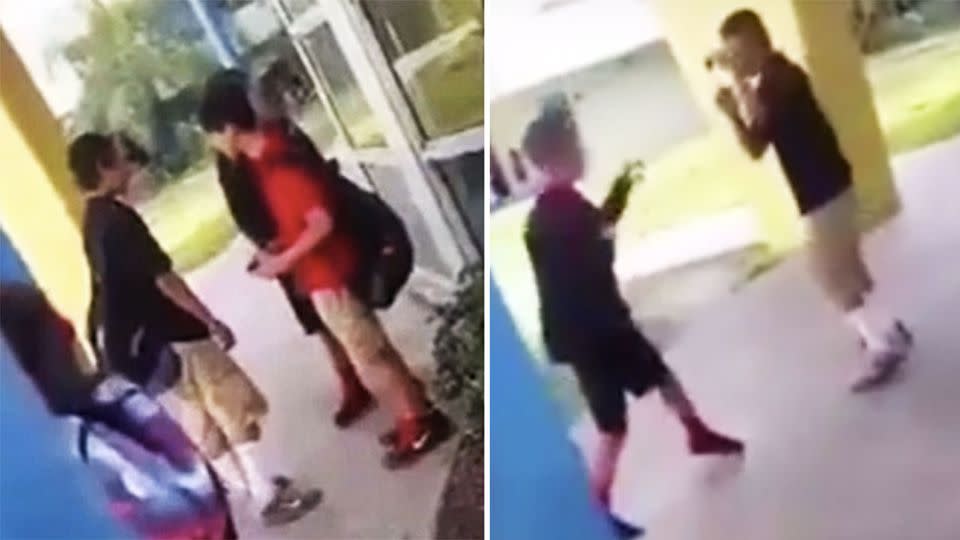The alleged bully can be seen picking on a schoolboy who is unknowingly an expert in MMA. Photo: Facebook/WeLoveBJJ