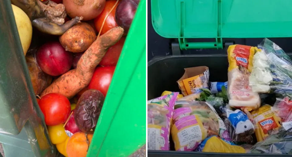 Two images showing supermarket bins with green lids full of fresh produce and other food. 