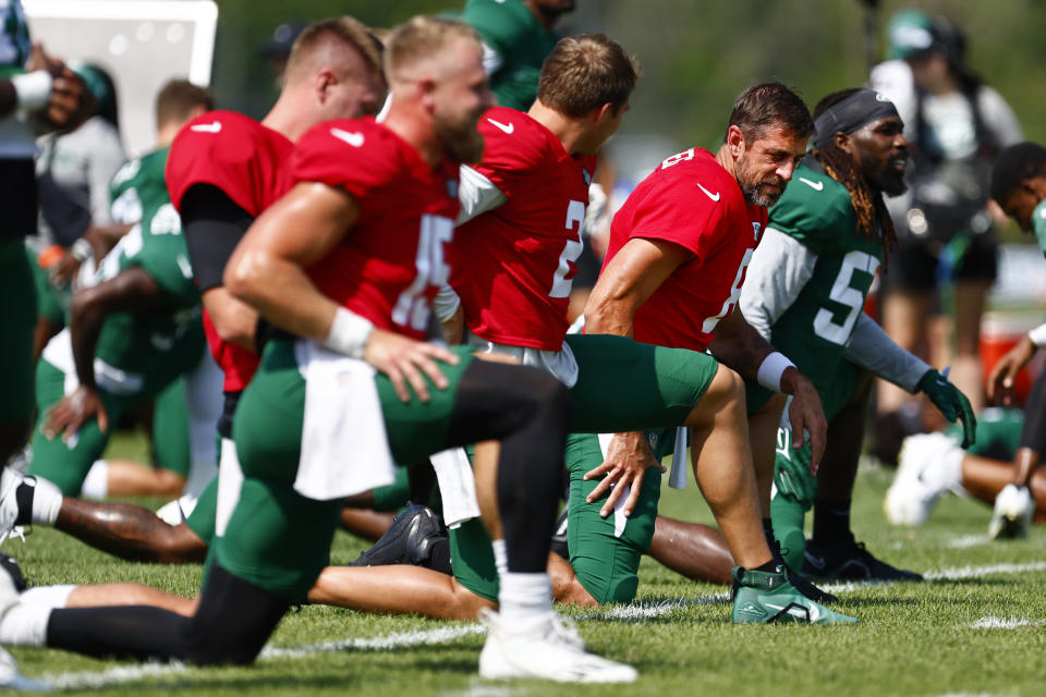 FLORHAM PARK, NEW JERSEY - JULY 26: Quarterback Aaron Rodgers #8 of the New York Jets during training camp at Atlantic Health Jets Training Center on July 26, 2023 in Florham Park, New Jersey. (Photo by Rich Schultz/Getty Images)