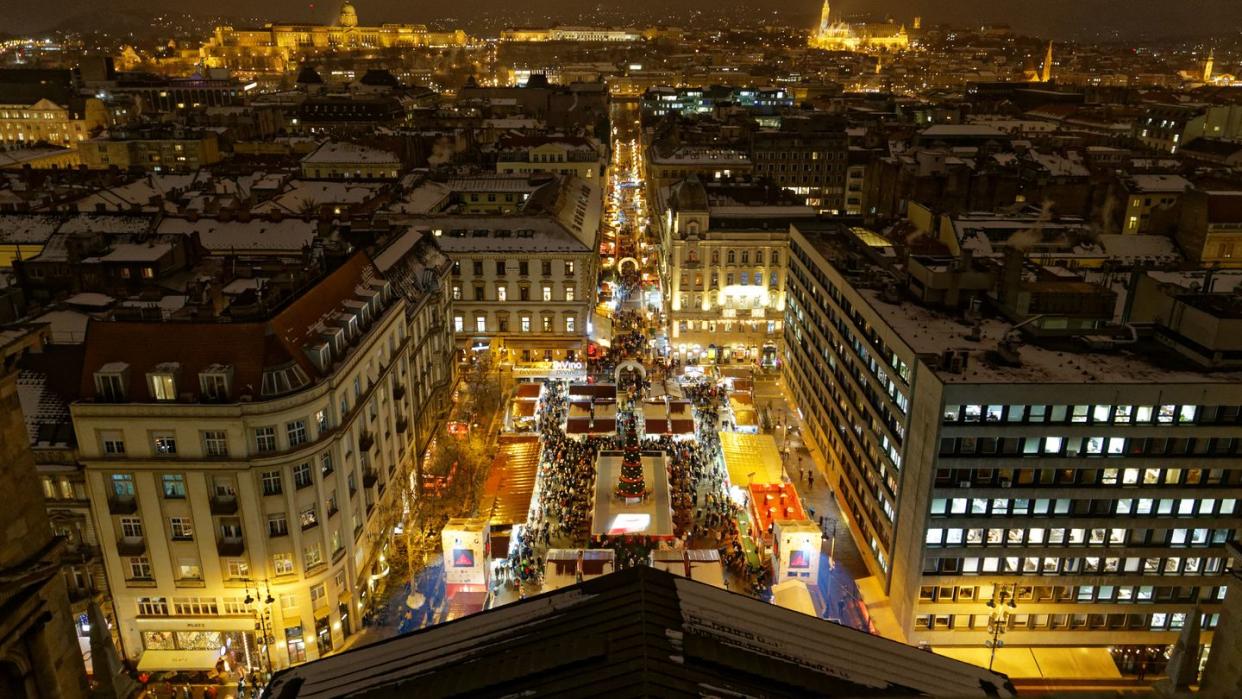 view of city during christmas period at night