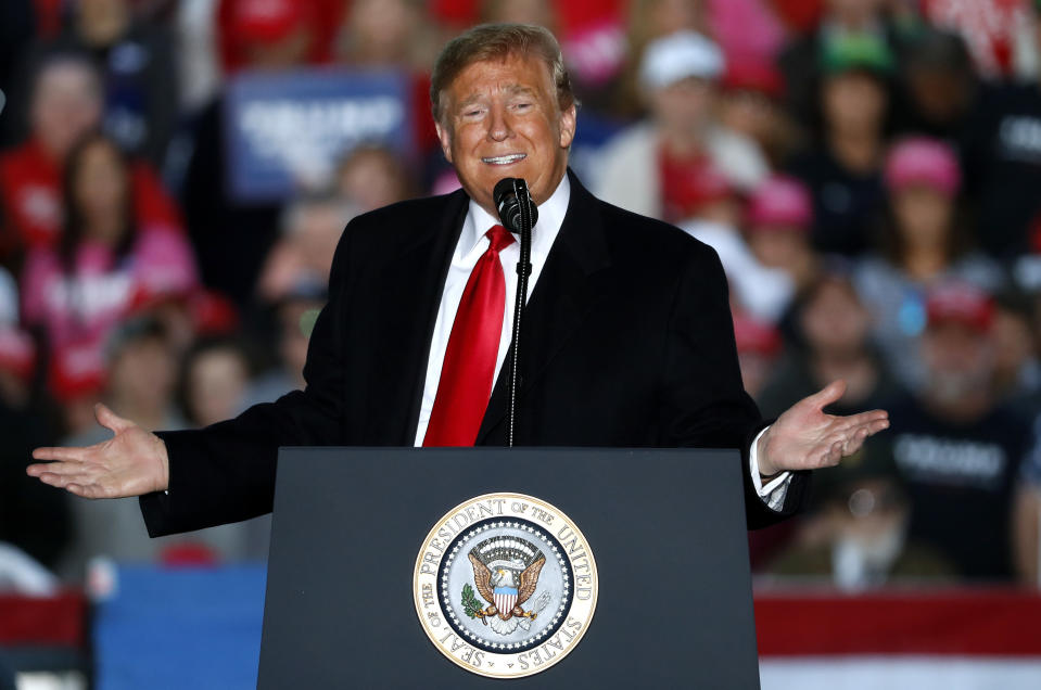 In this Oct. 27, 2018, photo, President Donald Trump speaks during a rally at Southern Illinois Airport in Murphysboro, Ill. (AP Photo/Jeff Roberson)