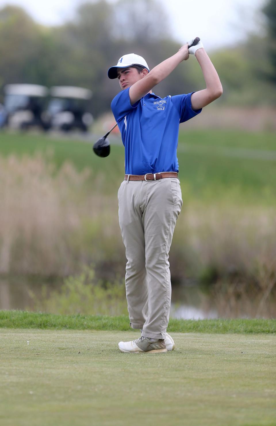 Holmdel's Patrick Sharpe tees off on the 16th hole during the Shore Conference Tournament played Wednesday, April 26, 2023, at the Charleston Springs Golf Course in MIllstone Township. 