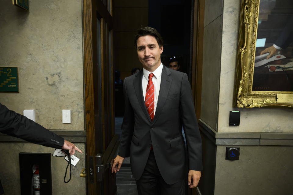 Canada Prime Minister Justin Trudeau leaves the House of Commons on Parliament Hill in Ottawa, Ontario, after making a statement on Monday, Sept. 18, 2023. (Justin Tang/The Canadian Press via AP)