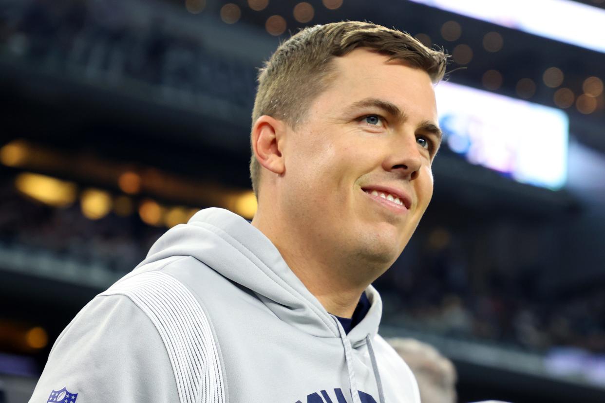 Dallas Cowboys offensive coordinator Kellen Moore before a game against the New York Giants on Nov. 24, 2022, in Arlington, Texas.