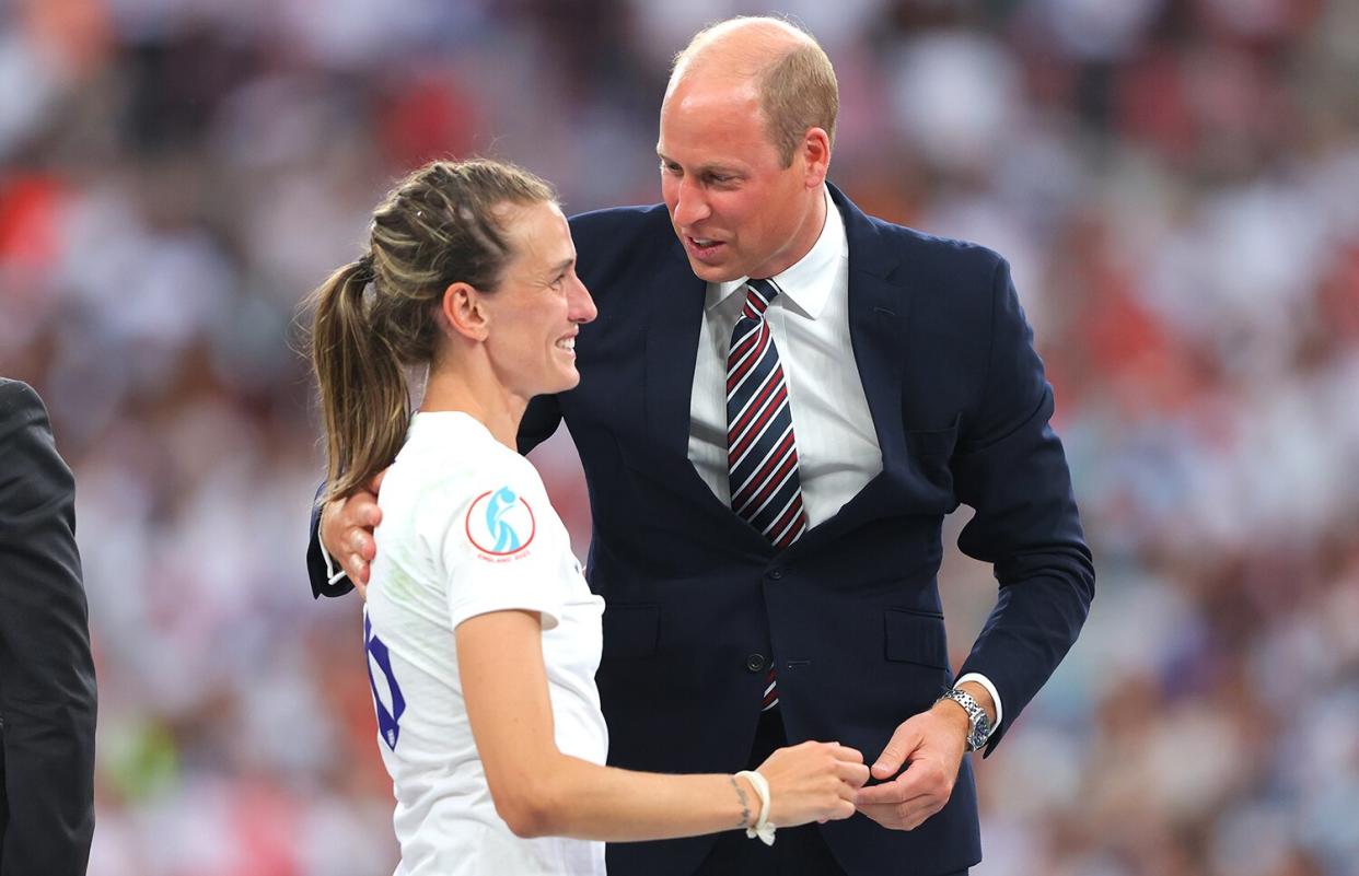 Prince William, Duke of Cambridge, congratulates Jill Scott during the UEFA Women's Euro England 2022 final match between England and Germany at Wembley Stadium on July 31, 2022 in London, England