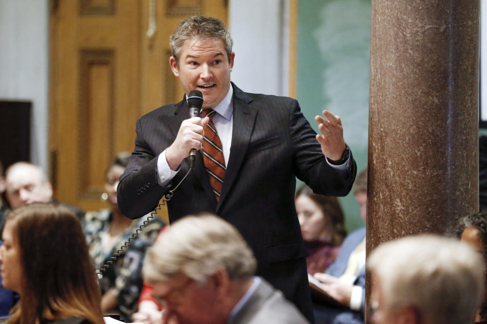 Sen. Jeff Yarbro, D-Nashville, debates a proposal allowing faith-based adoption agencies to decline to place children with same-sex couples because of their religious belief without facing penalties on the first day of the 2020 legislative session Tuesday, Jan. 14, 2020, in Nashville, Tenn. (AP Photo/Mark Humphrey)