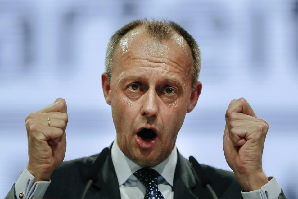 In this Friday, Dec. 7, 2018 file photo, Friedrich Merz, candidate for the party's chairmanship, delivers his speech during the party convention of the Christian Democratic Party CDU in Hamburg, Germany. Merz a one-time rival of German Chancellor Angela Merkel has assailed her leadership style, adding to tensions in her center-right party after a dismal state election performance in Thuringia on Sunday, Oct. 27, 2019. Friedrich Merz ran last year to succeed Merkel as leader of her Christian Democratic Union but was narrowly defeated by Annegret Kramp-Karrenbauer. (AP Photo/Markus Schreiber)