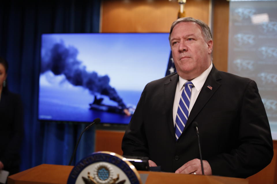 Secretary of State Mike Pompeo speaks during a media availability at the State Department, Thursday, June 13, 2019, in Washington. (AP Photo/Alex Brandon)