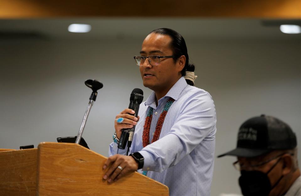 Navajo Nation presidential candidate Buu Nygren shares his views about veterans issues during the presidential candidate forum on June 3 at San Juan College in Farmington.