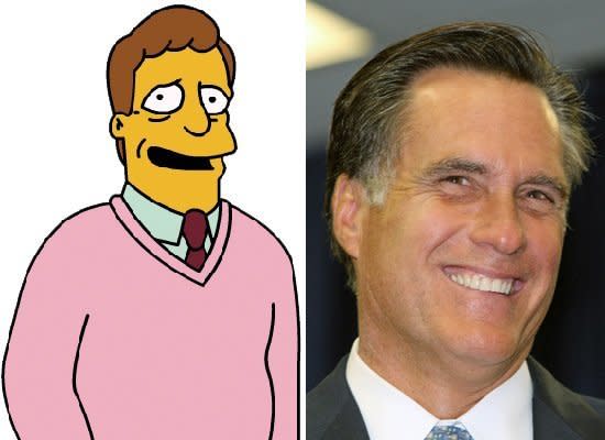 "Hi, I'm Mitt Romney. You may remember me from such GOP primaries as the ones I won in 2008 and the ones I didn't win in 2008." Romney appears to currently be the frontrunner for the 2012 Republican nomination, but one gaffe could result in hosting filmstrips and after-school specials for the rest of his life like his kindred spirit Troy McClure. But as long as Romney avoids a fish fetish (like McClure), we think he'll be fine.