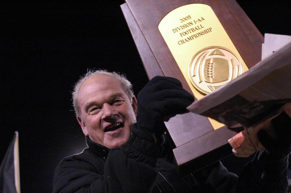 Jerry Moore celebrates Appalachian State’s first national football championship in 2005 after a victory over Northern Iowa. Moore coached the Mountaineers to national titles in 2005, 2006 and 2007.