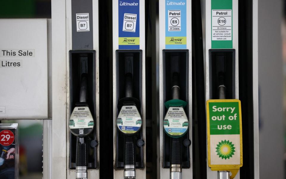 A view of fuel pumps at a BP petrol station in central London