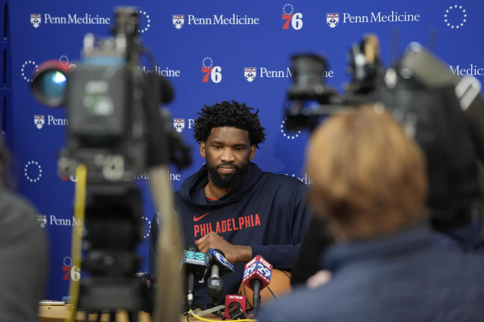 Philadelphia 76ers center Joel Embiid speaks with members of the media at the NBA basketball team's practice facility, Thursday, Feb. 29, 2024, in Camden, N.J. (AP Photo/Matt Rourke)