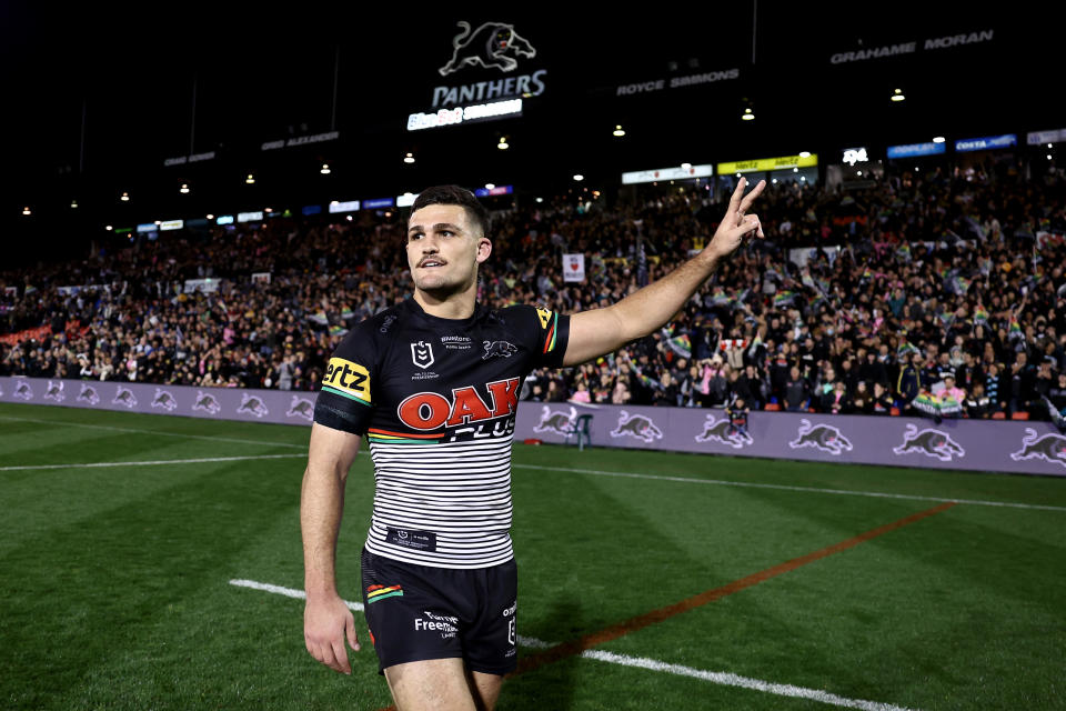 Nathan Cleary (pictured) celebrates victory with fans after the Panthers defeated the Eels.