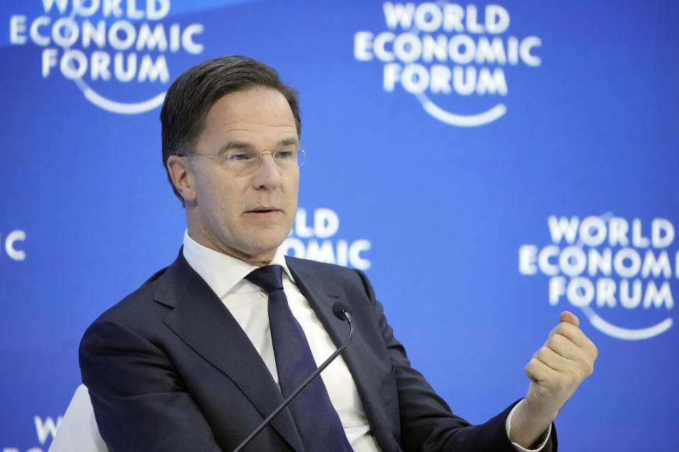 Prime Minister of the Netherlands Mark Rutte speaks at the World Economic Forum in Davos, Switzerland Thursday, Jan. 19, 2023. The annual meeting of the World Economic Forum is taking place in Davos from Jan. 16 until Jan. 20, 2023. (AP Photo/Markus Schreiber)