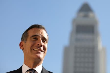 Los Angeles Mayor Eric Garcetti speaks at a press conference following Los Angeles City Council's vote on whether to give final approval for the city's bid to host the 2024 Olympic and Paralympic Games in Los Angeles, California, U.S., January 25, 2017. REUTERS/Lucy Nicholson