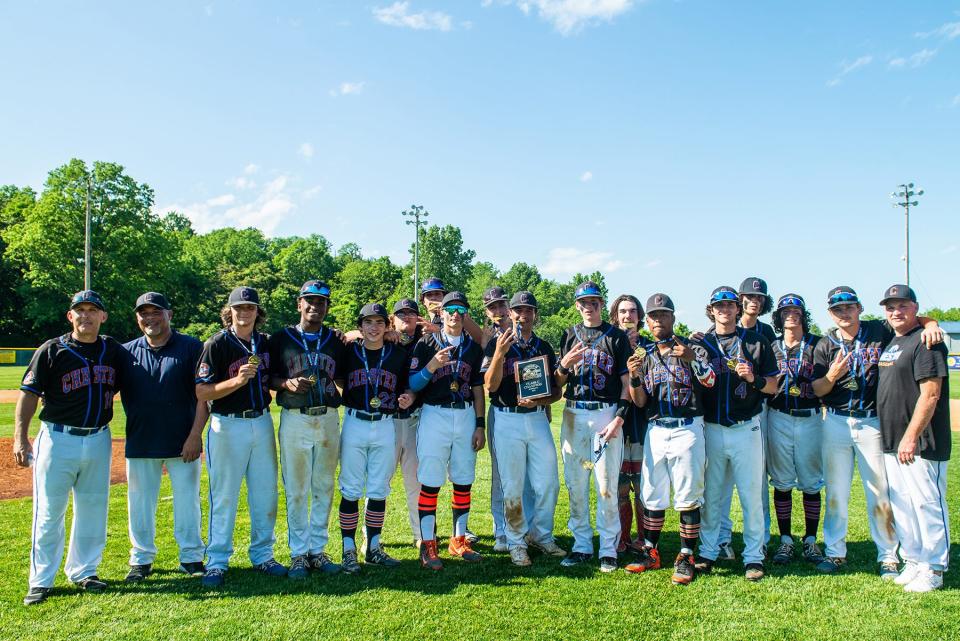 Chester celebrates their win in the Section 9 Class C baseball championship game at Cantine Field in Saugerties on May 29, 2022.