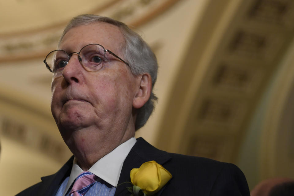 Senate Majority Leader Mitch McConnell of Ky., speaks to reporters following the weekly policy lunches on Capitol Hill in Washington, Tuesday, June 4, 2019. (AP Photo/Susan Walsh)