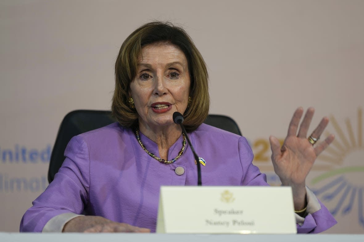 Speaker of the House Nancy Pelosi, D-Calif., speaks during a panel at the COP27 U.N. Climate Summit, Friday, Nov. 11, 2022, in Sharm el-Sheikh, Egypt. (AP Photo/Peter Dejong)