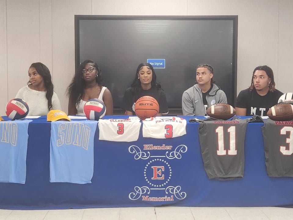 The five A.J. Ellender athletes who signed to play college sports on Tuesday (from left to right: Nigeria Williams, Bryana Young, Laijah Rockward, Andre Stewart, and Southern LeBeouf).