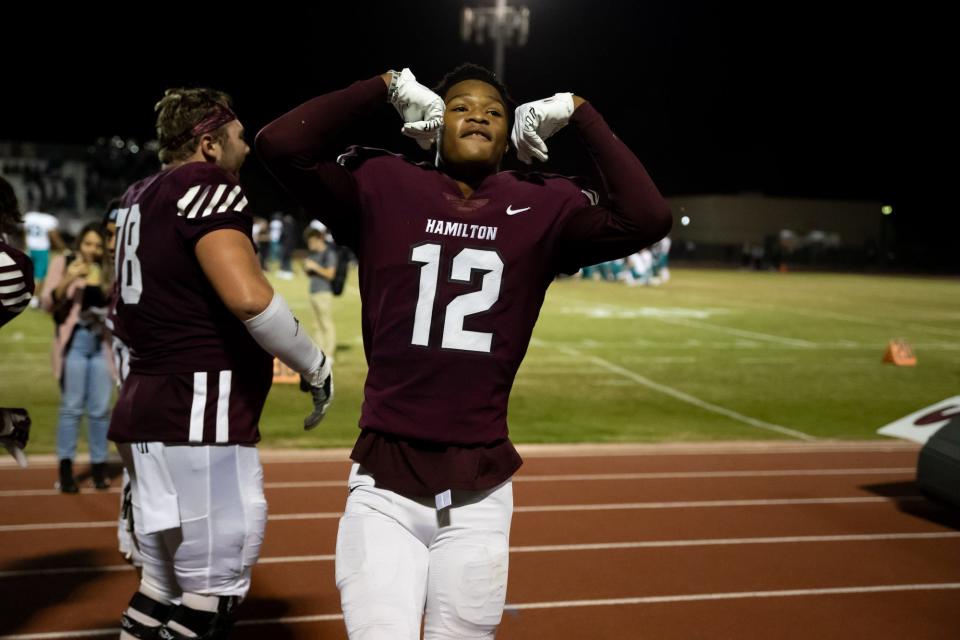 10/29/2021 Chandler, AZ; Hamilton versus Highland football. Tre Spivey celebrates the win against Highland.