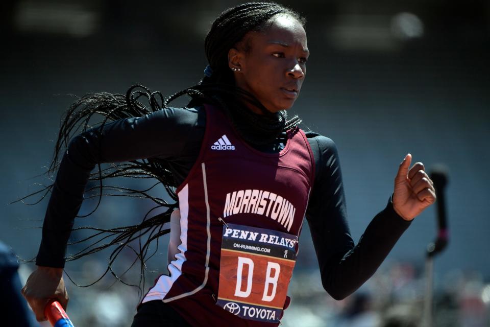 Morristown's Aaliyah Murphy competes in a 4x400 relay Thursday, April 28, 2022 at the Penn Relays in Philadelphia, Pa. Morristown placed first in the event.