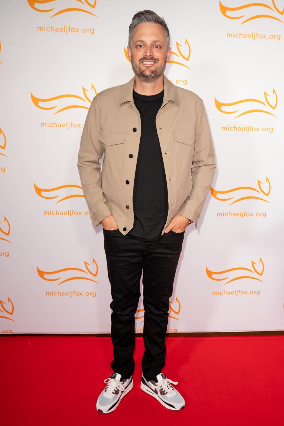 Nate Bargatze poses on the red carpet for the Michael J. Fox Foundation: A Country Thing Happened on the Way to Cure Parkinson’s event at The Fisher Center at Belmont University in Nashville, Tenn., Wednesday, April 26, 2023.