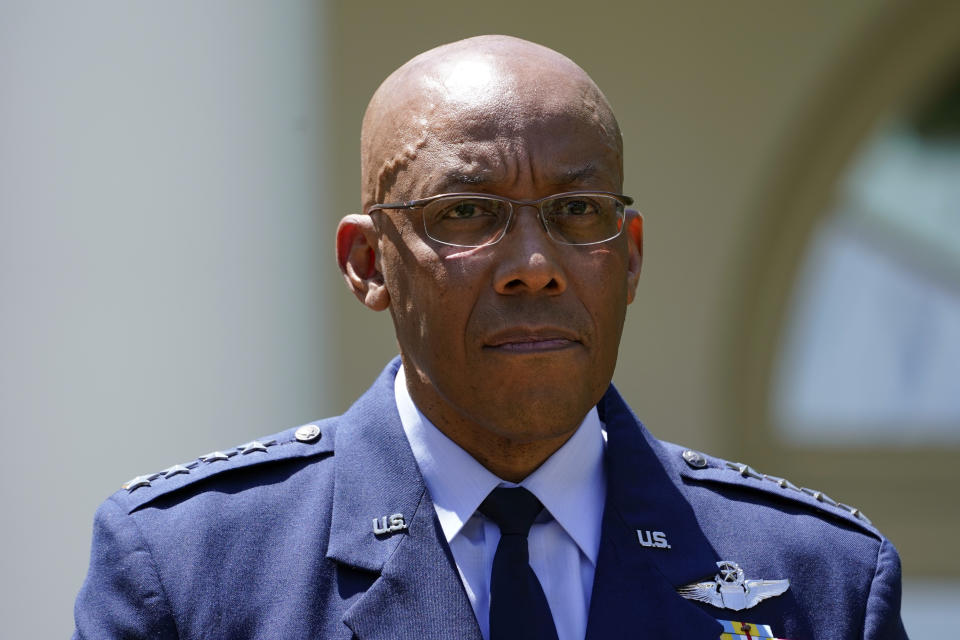 U.S. Air Force Chief of Staff Gen. CQ Brown, Jr., listens as President Joe Biden speaks in the Rose Garden of the White House in Washington, Thursday, May 25, 2023, on his intent to nominate Brown to serve as the next Chairman of the Joint Chiefs of Staff. (AP Photo/Susan Walsh)