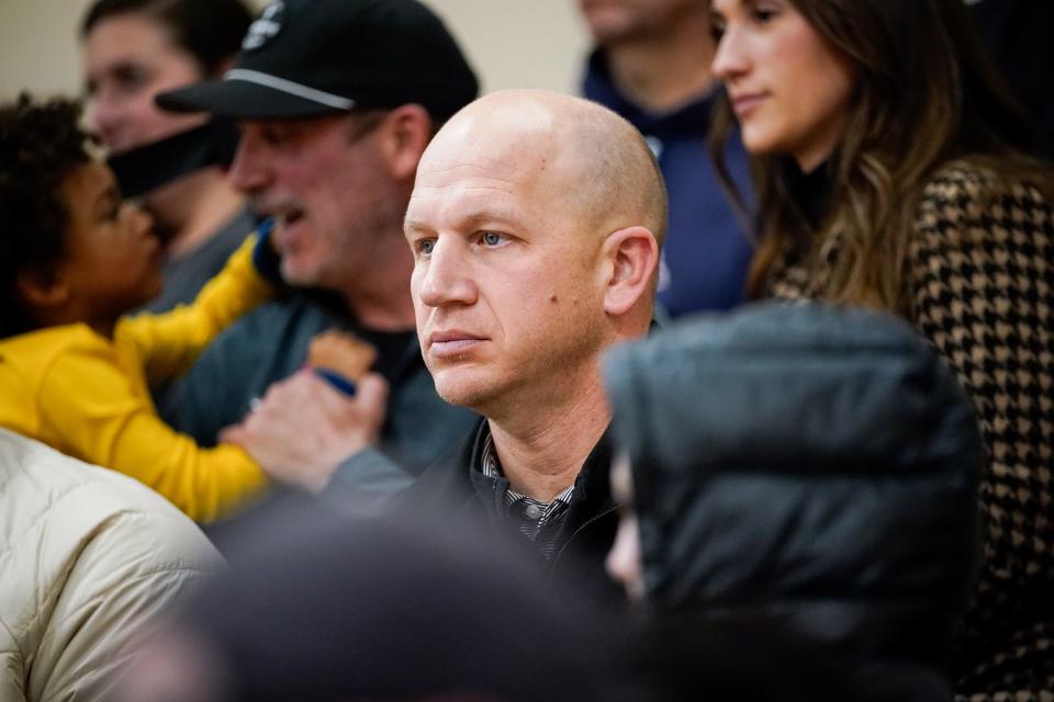 Vanderbilt football head coach Clark Lea watches a boy’s basketball game between Brentwood Academy and Ensworth at Brentwood Academy in Brentwood, Tenn., Friday, Jan. 13, 2023.