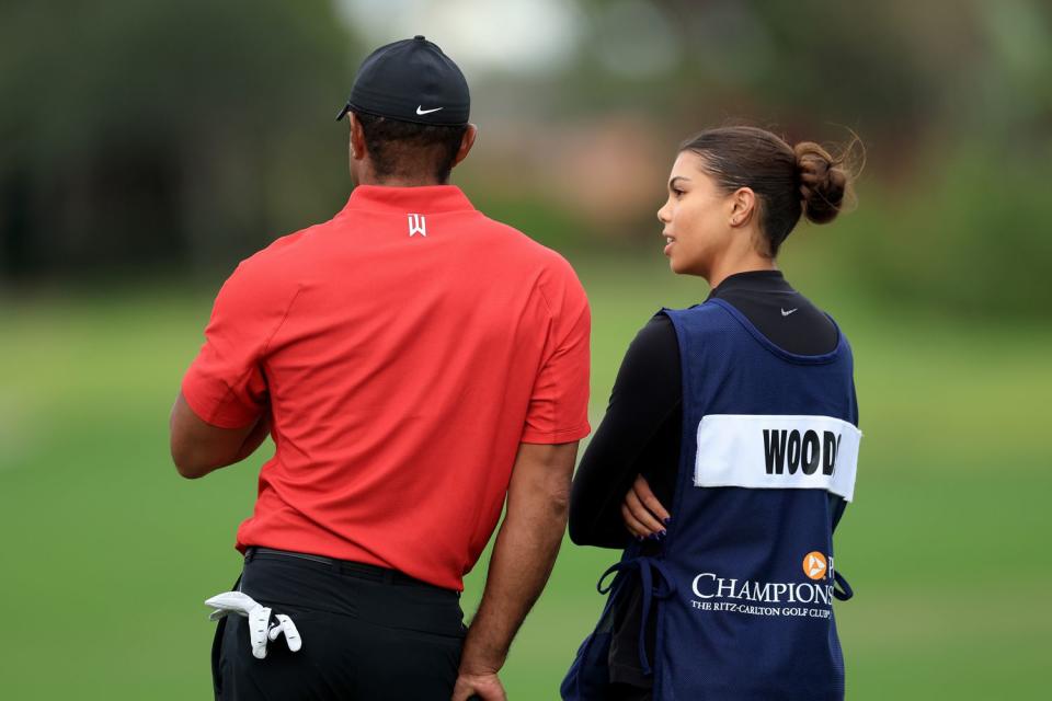 <p>David Cannon/Getty </p> Tiger and Sam Woods 