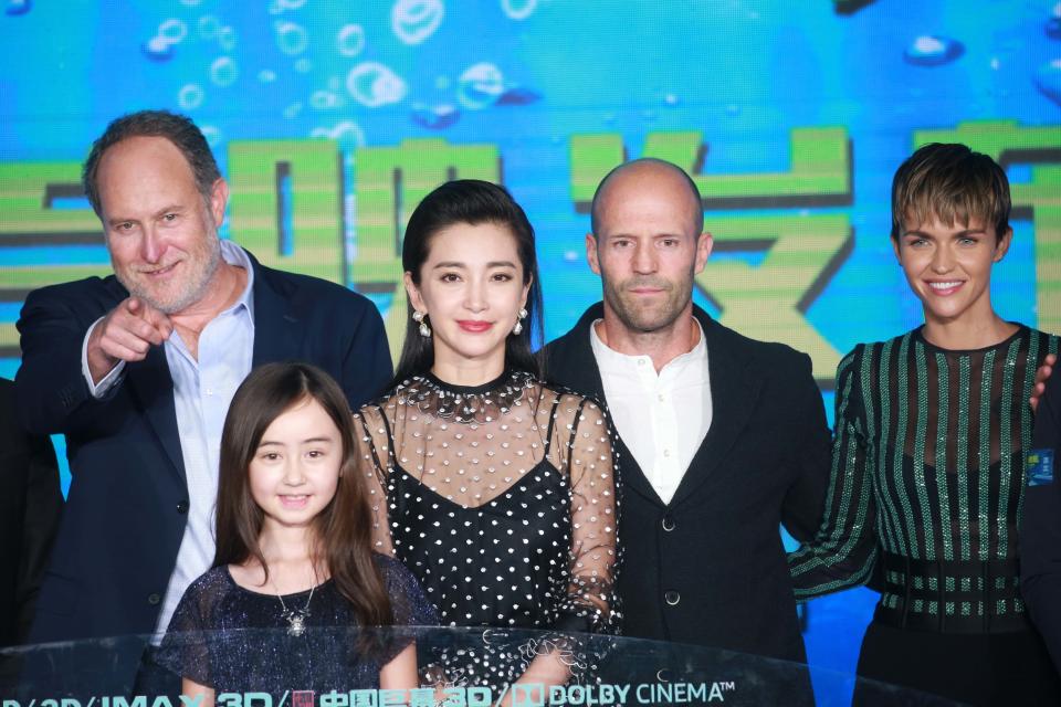 American film director and producer Jon Turteltaub, child actress Shuya Sophia Cai, actress Li Bingbing, English actor Jason Statham and Australian actress Ruby Rose attend the premiere of "The Meg" on Aug. 2 in Beijing. (Photo: VCG via Getty Images)