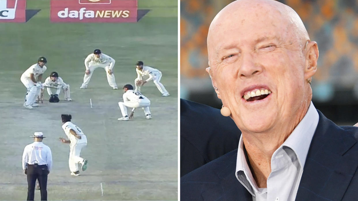 New Zealand's tight field for Pakistan is seen on the left, with a laughing cricket great Kerry O'Keeffe on the right.