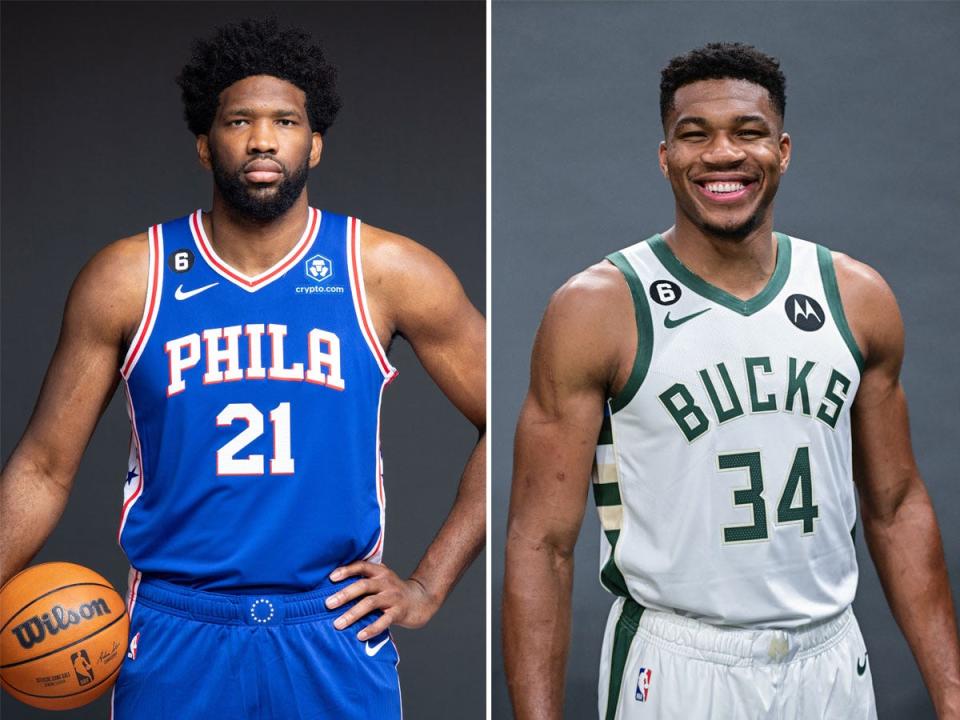 Will the Philadelphia 76ers' Joel Embiid, left, and the Milwaukee Bucks' Giannis Antetokounmpo, right, battle it out in the Eastern Conference final and for NBA MVP?