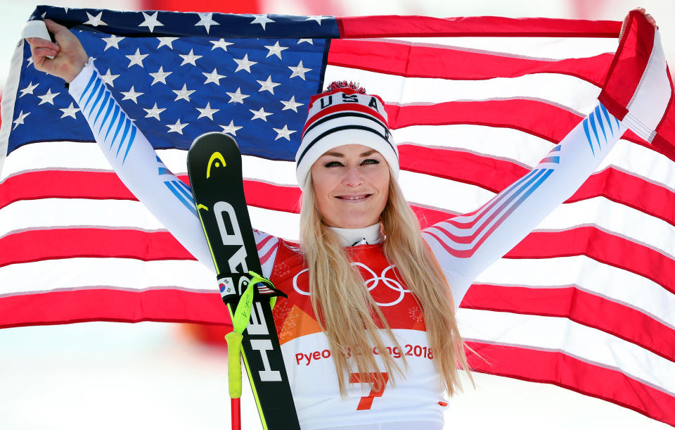 PYEONGCHANG-GUN, SOUTH KOREA - FEBRUARY 21:  Bronze medallist Lindsey Vonn of the United States celebrates during the victory ceremony for the Ladies' Downhill on day 12 of the PyeongChang 2018 Winter Olympic Games at Jeongseon Alpine Centre on February 21, 2018 in Pyeongchang-gun, South Korea.  (Photo by Tom Pennington/Getty Images)