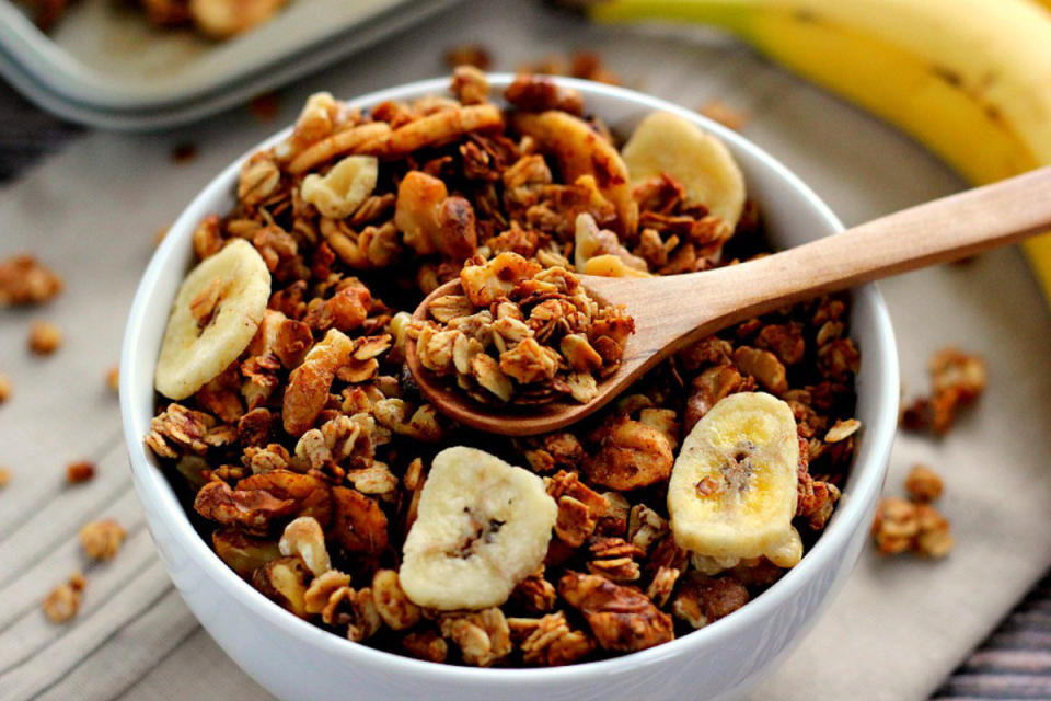<p>This Banana Bread Granola is crunchy, hearty, and tastes just like banana bread! It’s the perfect breakfast or snack to keep you full and satisfied. <a href="http://www.pumpkinnspice.com/2015/04/13/banana-bread-granola/" rel="nofollow noopener" target="_blank" data-ylk="slk:Get the recipe here.;elm:context_link;itc:0;sec:content-canvas" class="link ">Get the recipe here.</a></p>