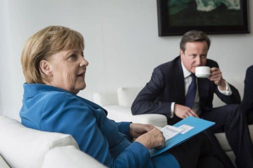 This picture released by the German government press office shows German Chancellor Angela Merkel and British Prime Minister David Cameron at the chancellery in Berlin. Merkel pushed for a stronger European political union amid growing international calls for action as a brutal Spain ratings downgrade added another twist to the eurozone crisis
