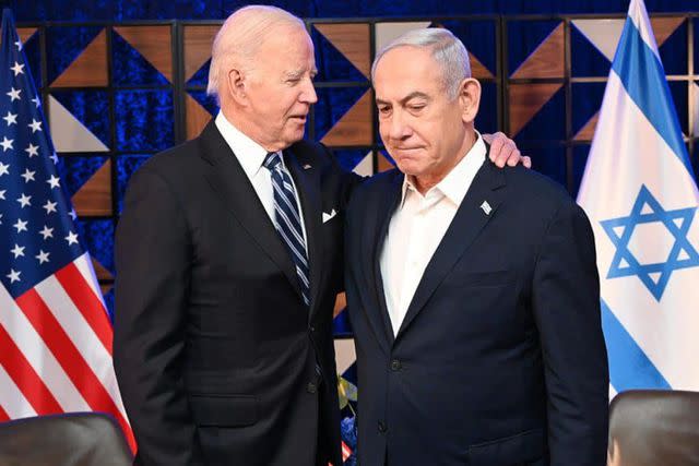 <p>Avi Ohayon/Israel Gpo via ZUMA Press Wire</p> U.S. President Joe Biden and Israel Prime Minister Benjamin Netanyahu in Tel Aviv on October 18,