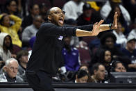 Stephen F. Austin head coach Leonard Bishop calls to his team during the first half of an NCAA college basketball game against California Baptist in the championship of the Western Athletic Conference women's tournament Saturday, March 16, 2024, in Las Vegas. (AP Photo/David Becker)